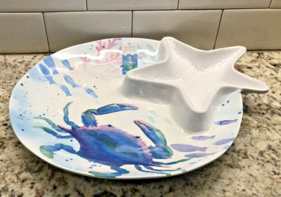 SIGRID OLSEN MELAMINE Crab-Blue Seaweed Starfish Dipping Platter (14''round) NEW