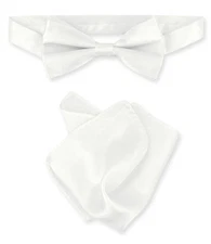 Biagio 100% Silk BowTie Solid White Color Mens Bow Tie and Handkerchief