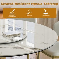 59" Round Sintered Stone Dining Table Set, 8 Chairs Gold Stainless Steel Base