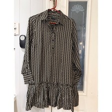 J.Crew Black Cream Chain Link Print Ruffle Hem Viscose Shirt Dress Small