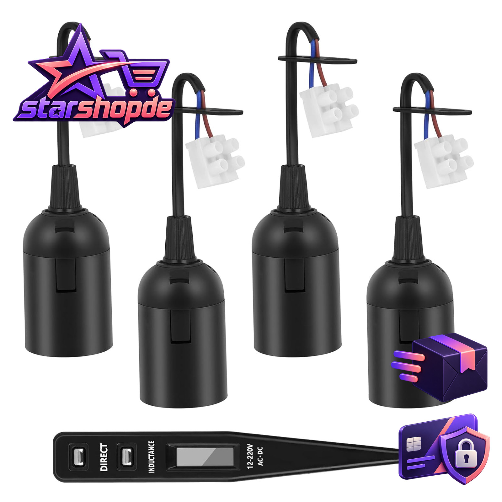 E27 Lampenfassung mit Kabel 4 Stück Baufassung Schwarz