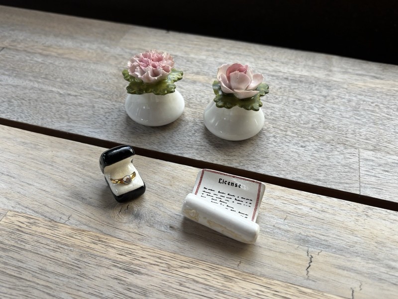 Salt & Pepper Shakers Marriage License & Ring Set & Aynsley Rose & Chrysanthemum