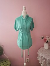 Vintage 60s 70s Terry Cloth Shirt Mint Green Polo Button Up Tie Waist Tunic M
