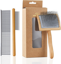 Ergonomic Slicker Brush for Long Haired Dogs Wooden Handle Long Pin Grooming