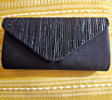 Black Satin Clutch Bag with Beaded Fringe Flap and Detachable Chain