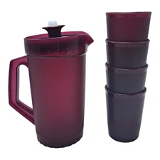 Tupperware Kids Mini Beverage Set Burgundy 4 Tumblers and Pitcher