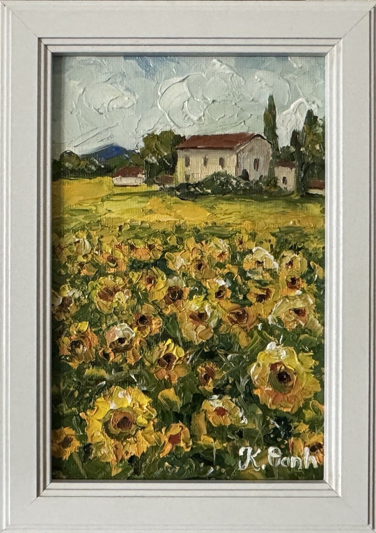 ORIGINAL OIL PAINTING SUNFLOWER FIELD LANDSCAPE SIGNED FRAMED 4x6