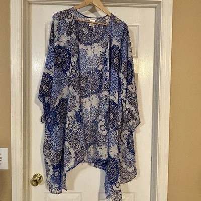 K. Jordan Boho Blue Patterned Kimono Tunic Sheer Cover Up Festival Beach Pool 5X