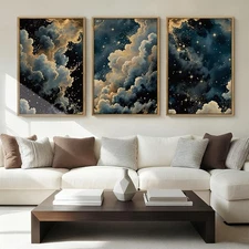 HPINUB Misty Starry Sky Framed Canvas Wall Art Set, Rustic Nature White Cloud...