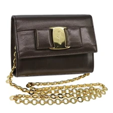 Salvatore Ferragamo Vala Chain Shoulder Bag Leather Brown Gold Auth yk16268