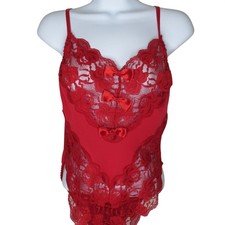 New Vintage Delicates Womens Red Lace Bodysuit Babydoll Satin Bow Accents Size M