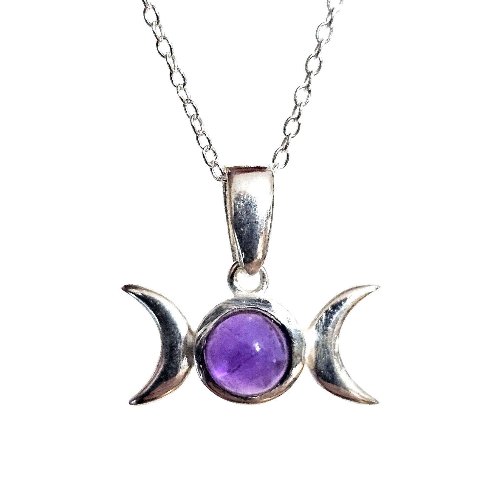 Triple Moon Necklace Pendant Small Amethyst Gemstone 925 Silver 18"" Chain Boxed