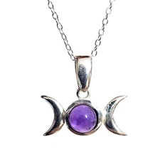 Triple Moon Necklace Pendant Small Amethyst Gemstone 925 Silver 18" Chain Boxed