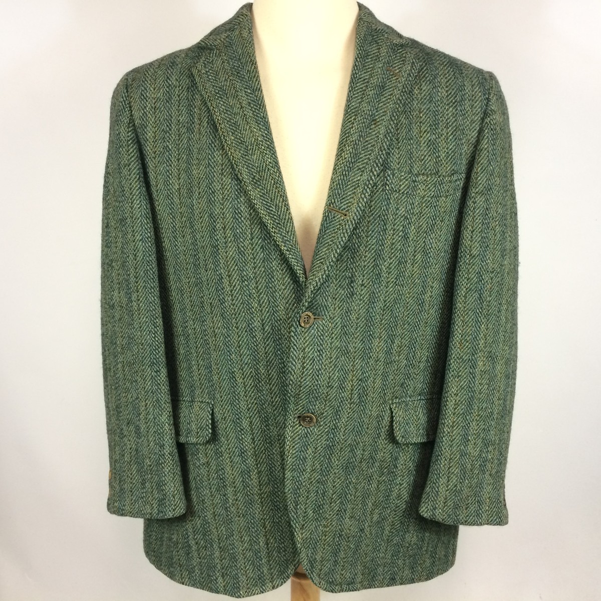 Vintage Green Herringbone Harris Tweed Wool Sports Coat Suit