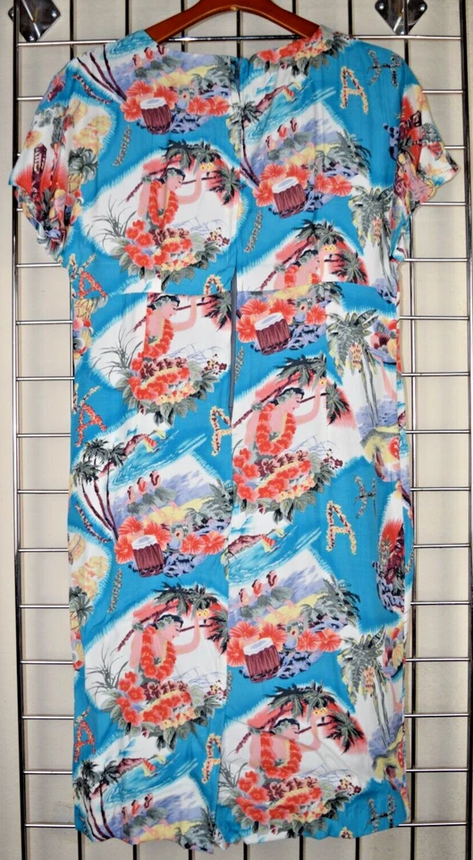 Винтажное гавайское платье размер S/M 70-е океан синий хула танцоры пальмы вискоза - Изображение 4 из 4