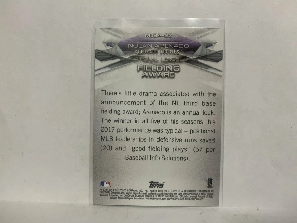 MLBA-23 Nolan Arenado NL Fielding Award Colorado Rockies 2018 Topps Series 1 Bas - Image 2 of 2
