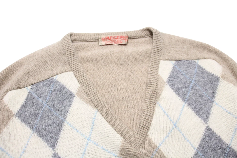 Jaeger Sweater Men Large Pure Lambswool Argyle V-Neck Knit Sweater - Image 4 of 4