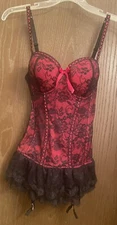 Seven Til Midnight Bustier Bra Women Large Black Red Vampire Lace garters L
