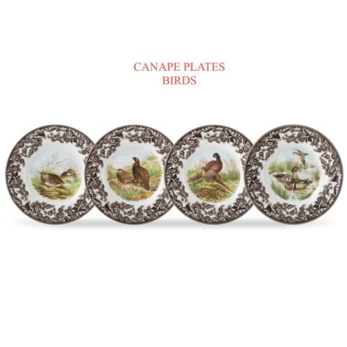 Spode Woodland Birds Canape Plates Set Of 4 Duck Pheasant Quail New In Box - Afbeelding 1 van 1