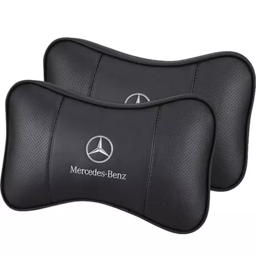 2PCS Car Seat Headrest Neck Cushion Pillows For Mercedes-Benz Black Real Leather - Picture 3 of 6