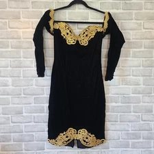 80s Jessica Mcclintock Gunne Sax Black Velvet Gold Trim Mini Dress Off Shoulder