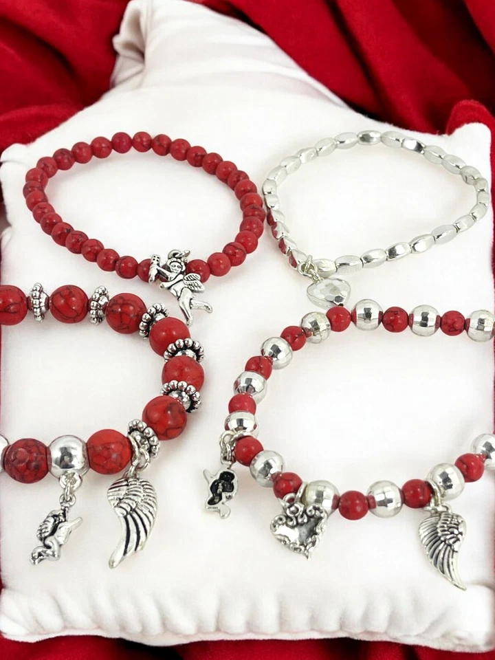 Pulsera apilada con cuentas con dijes de ángel, pulsera apilable multicapa de piedra roja Foto 3 de 4