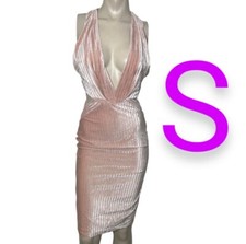 🆕Pink Velvet & Glitter PinStripe Low Cut Sides & Back Bodycon Slit Dress~Size S