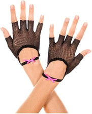 Music Legs Fishnet Fingerless Gloves w Satin Bow Wristband Black/Hot Pink