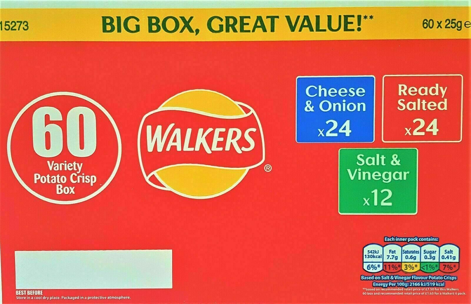 Walkers Crisps Mix Variety Box Classic Salt Cheese Onion Vinegar 60 x