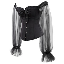 Ladies Overbust Shirt Top Off-shoulder Lace Up Bustier Corset Mesh Gothic Punk