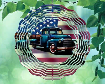 10'' Vintage Truck American Flag USA Wind Spinner Yard Decor 3D Kinetic rws088