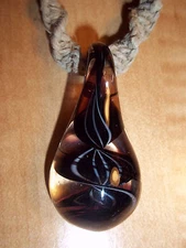 Hand Crafted Hemp Necklace with "Hand Made" Thick Black Swirl Glass Pendant