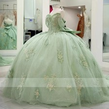 Green Shiny Quinceanera Dresses Off The Shoulder Applique Lace Beading Bow