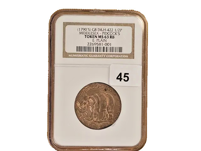 1790'S GB D&H-422 1/2P MIDDLESEX-PIDCOCK'S E PLAIN TOKEN MS63 RB ONLY 4 HIGHER