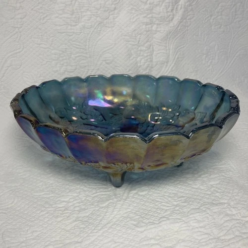 Vintage "Harvest" Blue Iridescent Carnival Glass Oval Footed Center Bowl CUTE!