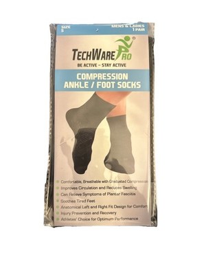 TechWare Pro Compression Ankle/Foot Socks Black Size S UNISEX