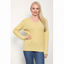 LADIES LONG SLEEVE CABLE KNITTED CABLE JUMPER WOMENS V NECK WINTER SWEATER TOP