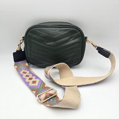 Dark Green Chevron Quilted Camera Bag with Embellished Strap Gold Hardware