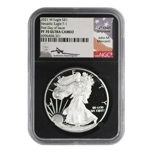 2021-W American Silver Eagle NGC PF-70 Ultra Cameo T-1 FDOI Mercanti Label
