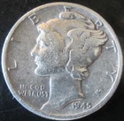 1945-P MERCURY DIME 90% SILVER VF CONDITION, CIRCULATED NOT CLEANED