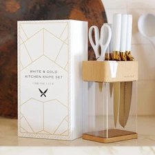 Stainless Steel White and Gold Knife Set with Block - 7 Piece Gold Kitchen Knife