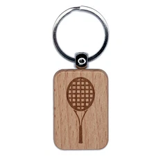 Tennis Racket Racquet Sports Engraved Wood Rectangle Keychain Tag Charm
