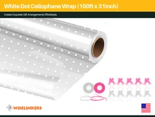 White Dot Cellophane Wrap for Hampers  100' x 31" with 10 Pull Bows and 2 Ribbon