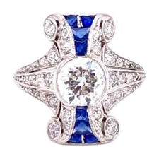 Features An 1.23CT Old European Cut CZ Surrounded By Blue Sapphire Vintage Ring