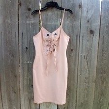 LACE-UP MIDI BODICON FOREVER 21 DRESS WOMEN SZ L PINK PULLOVER SPAGUETTI STRAPS