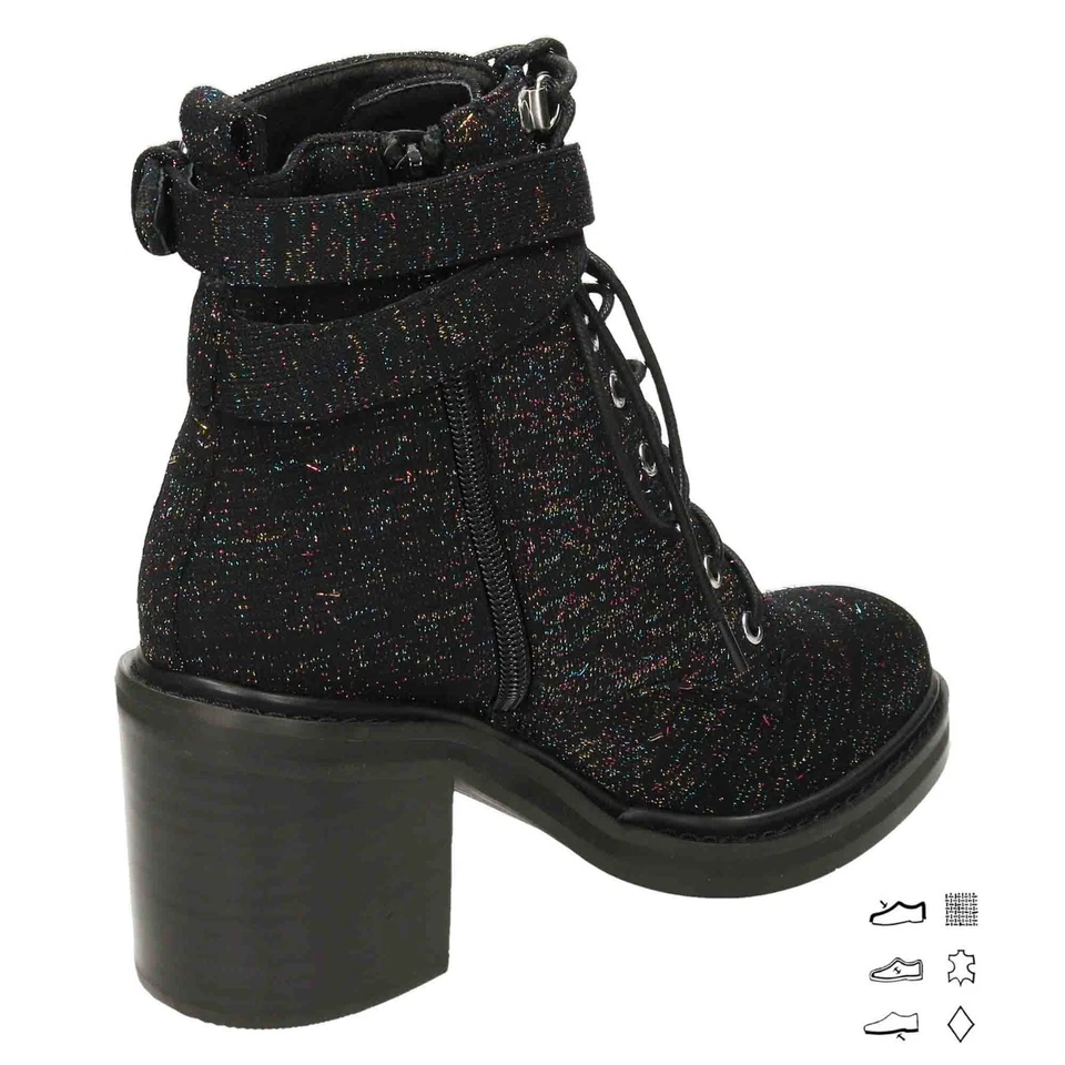 Damas Negro Brillo Botines Reino Unido 5 Zapatos de Tacón Alto con Cordones Gruesos A498 Foto 3 de 4