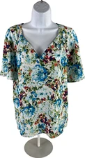 Counterparts Women’s Multi-Color Floral Short Sleeve V-Neck Sheer Top - M
