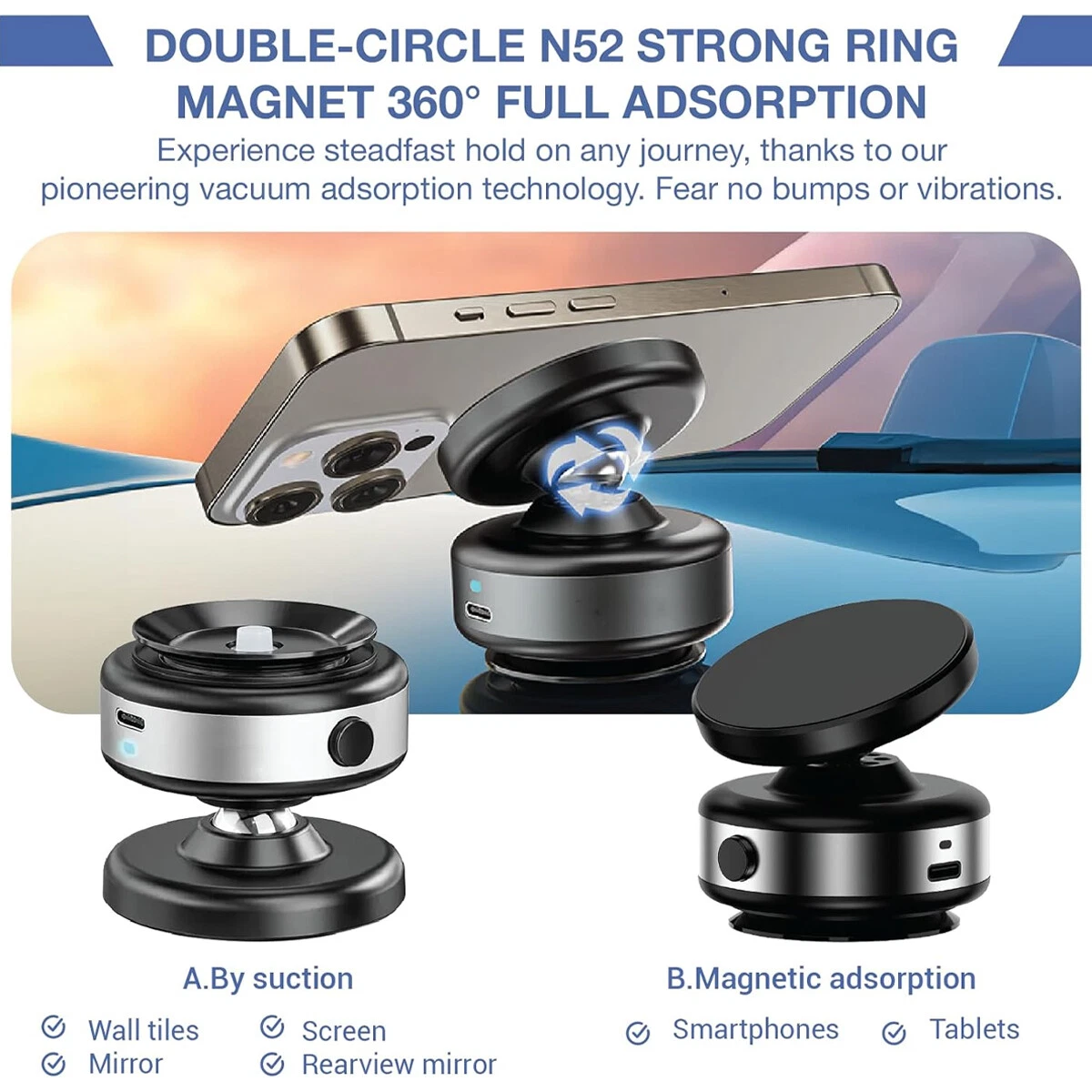 Electric Vacuum Magnetic Suction Cup Car Phone Holder Stand Mount 360° Rotation Electric Vacuum Magnetic Suction Cup Car Phone Holder Stand Mount 360° Rotation