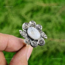 925 Silver Natural Rainbow Moonstone Solitaire Flower Adjustable Ring
