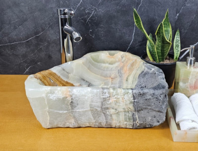 Green and Gray Onyx Stone Vessel Bathroom Sink, 17.5 x 14.5 inch